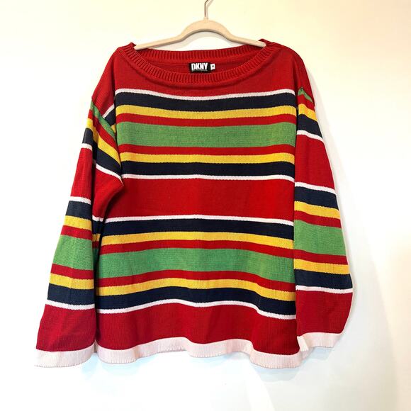 Vtg DKNY 100% cotton oversized striped sweater boatneck large red fisherman - Picture 1 of 8